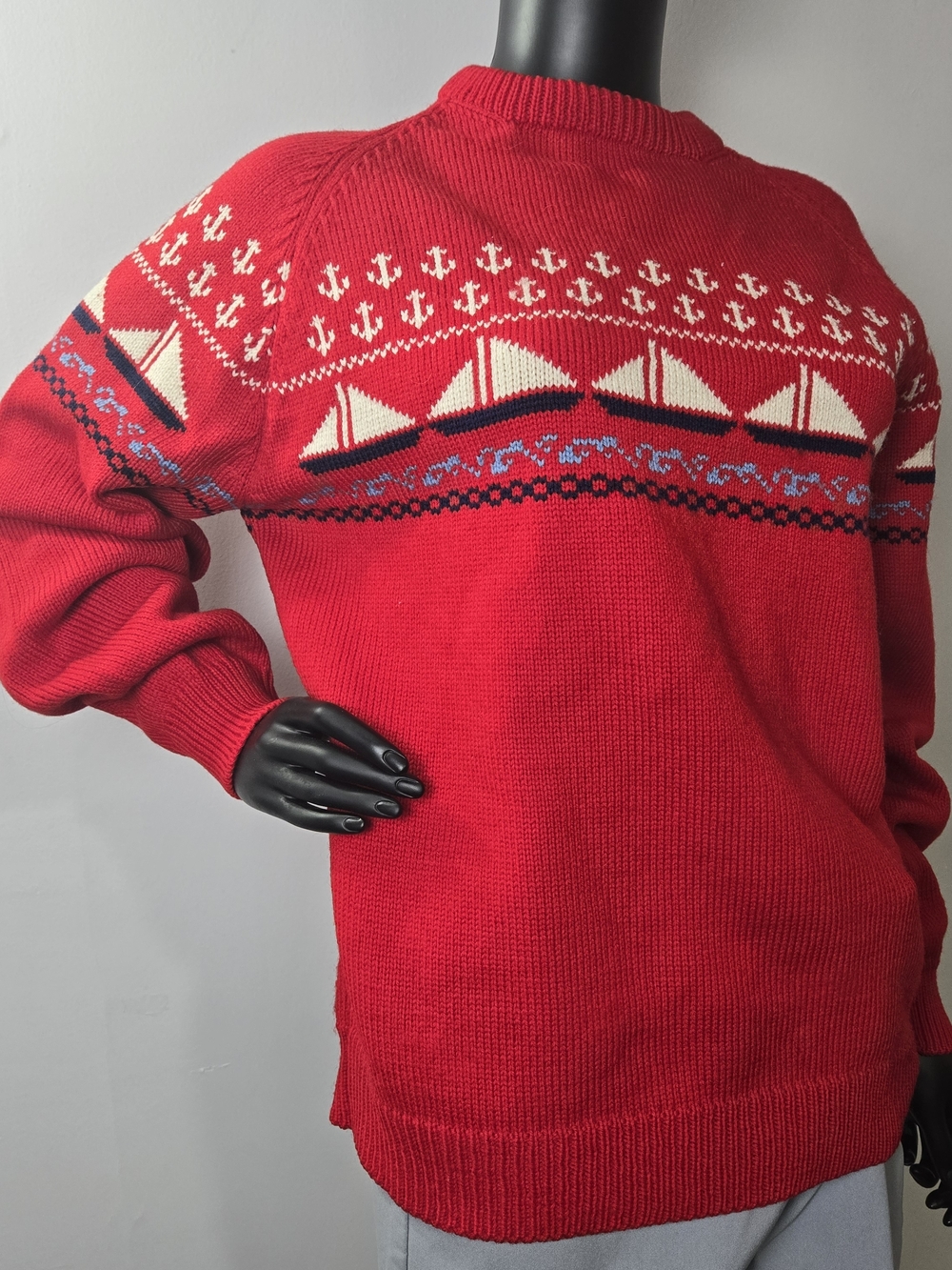 Men's 100% Wool Red Nautical Crewneck Sweater - Picture 6 of 11
